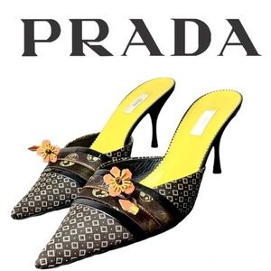 Vintage Prada Kimono Floral Pop Out Flower Kitten Heels Pointed Mules 40 Shoes